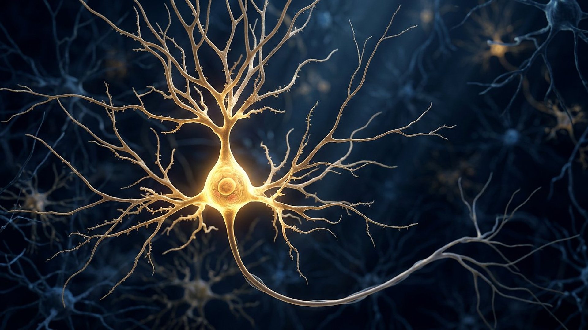 Neurone doré aux dendrites ramifiées, entouré d'autres neurones dans la pénombre bleue.