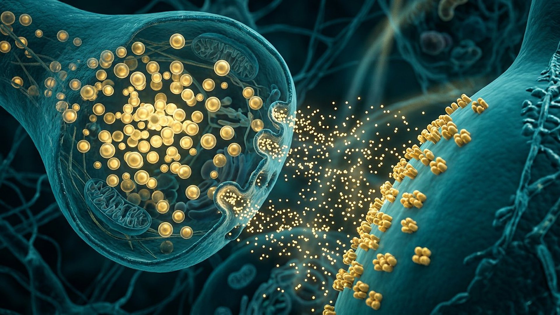 Terminaison nerveuse turquoise remplie de vésicules dorées qui libèrent leur contenu vers un neurone voisin.