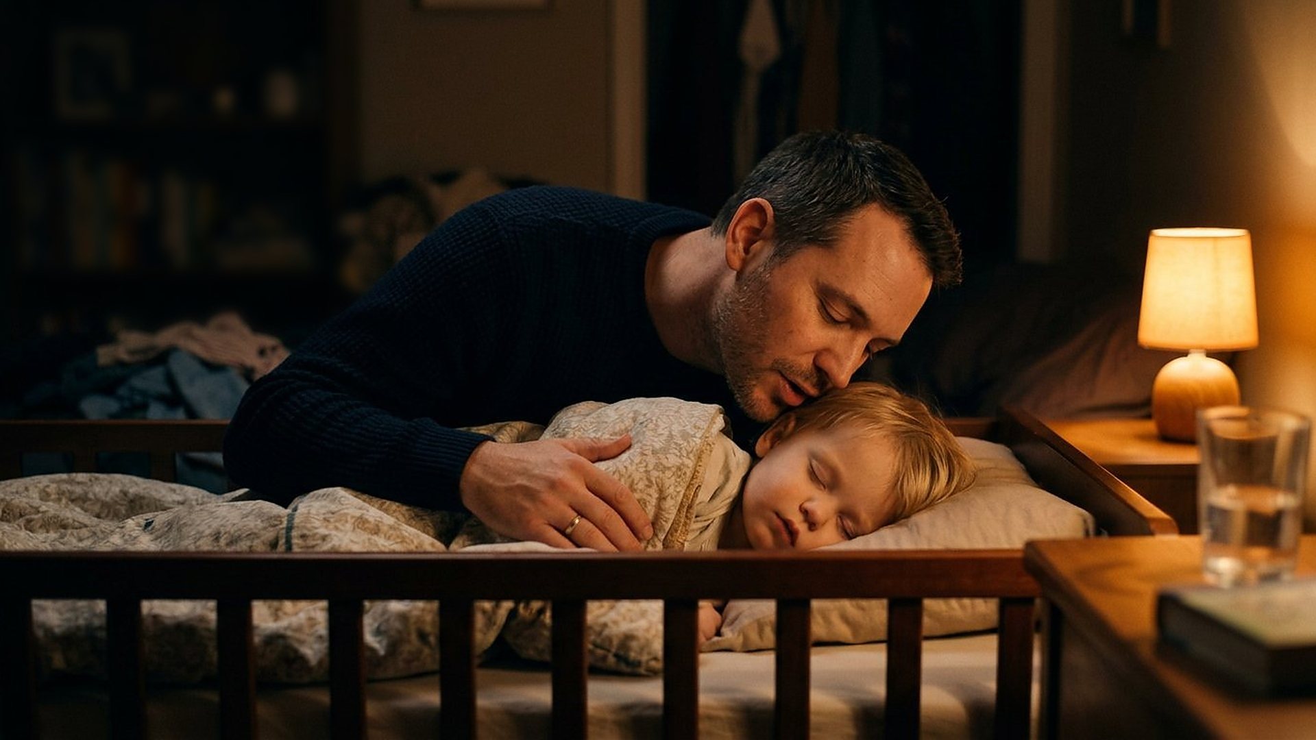 Un père penché sur le lit d'un enfant endormi lui murmure une berceuse, à la lueur d'une lampe.