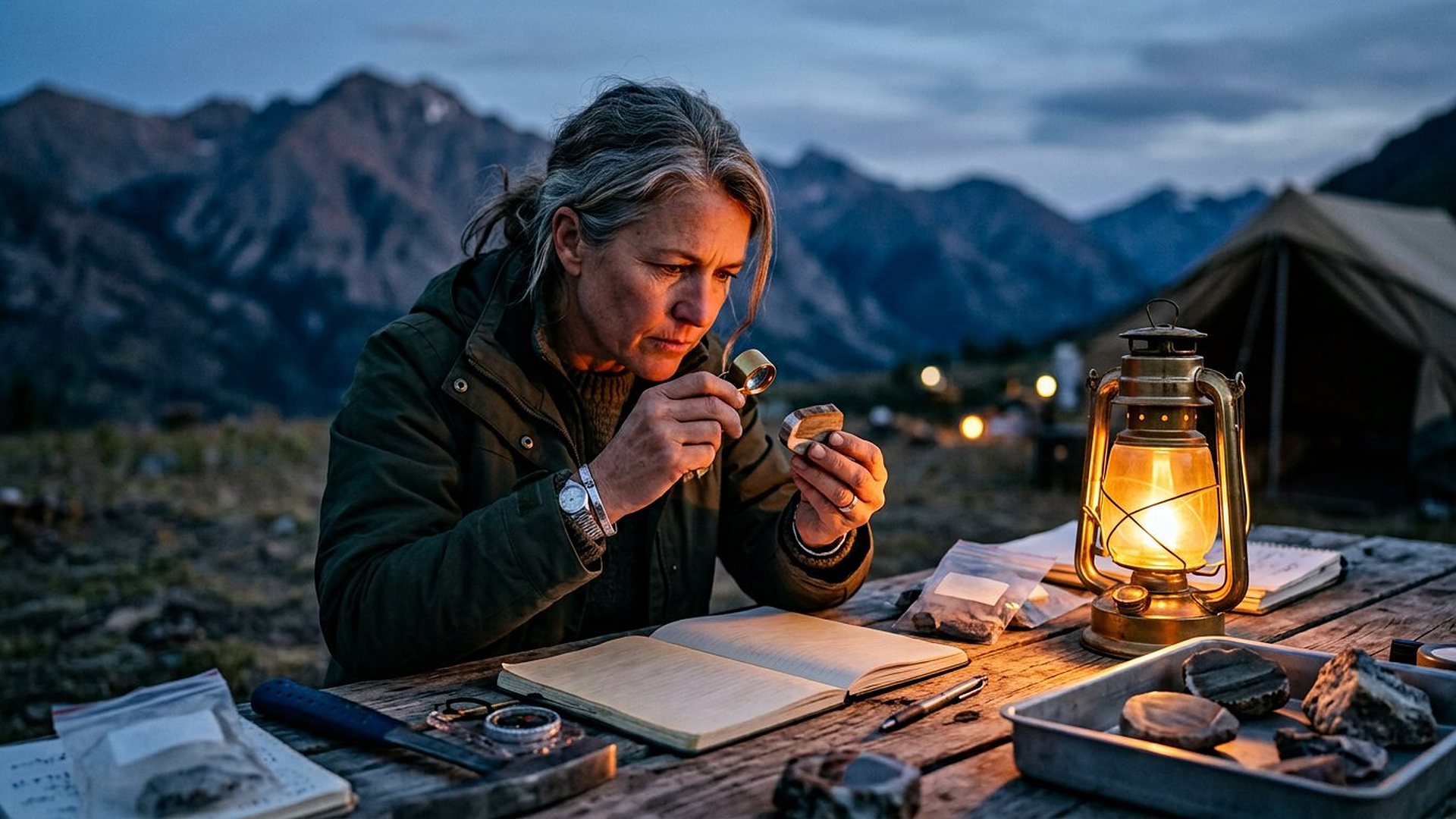 Une chercheuse aux cheveux gris examine une pierre à la loupe, au crépuscule, près d'une lanterne et d'un carnet, devant des montagnes.