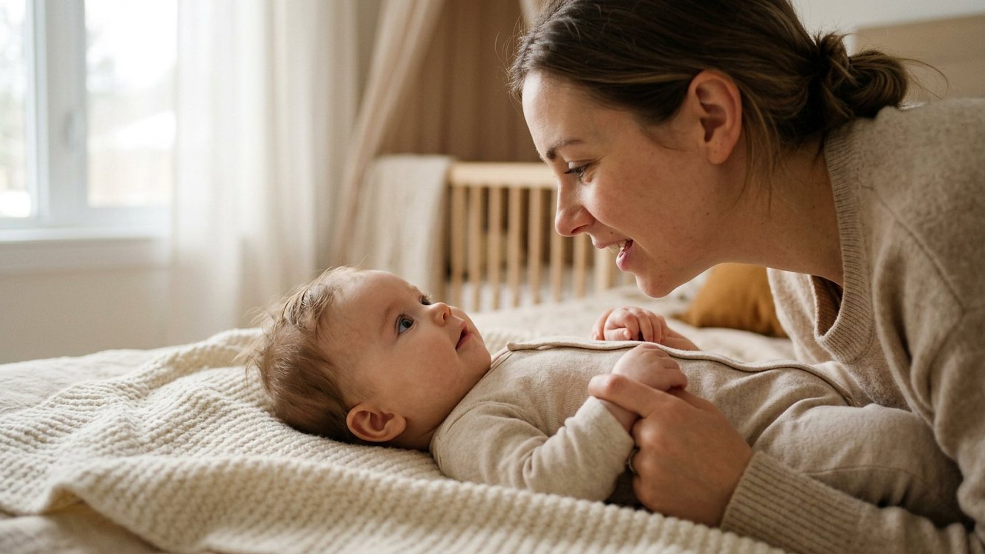 Une mère penchée sur son bébé allongé sur une couverture claire lui sourit et lui tient la main.