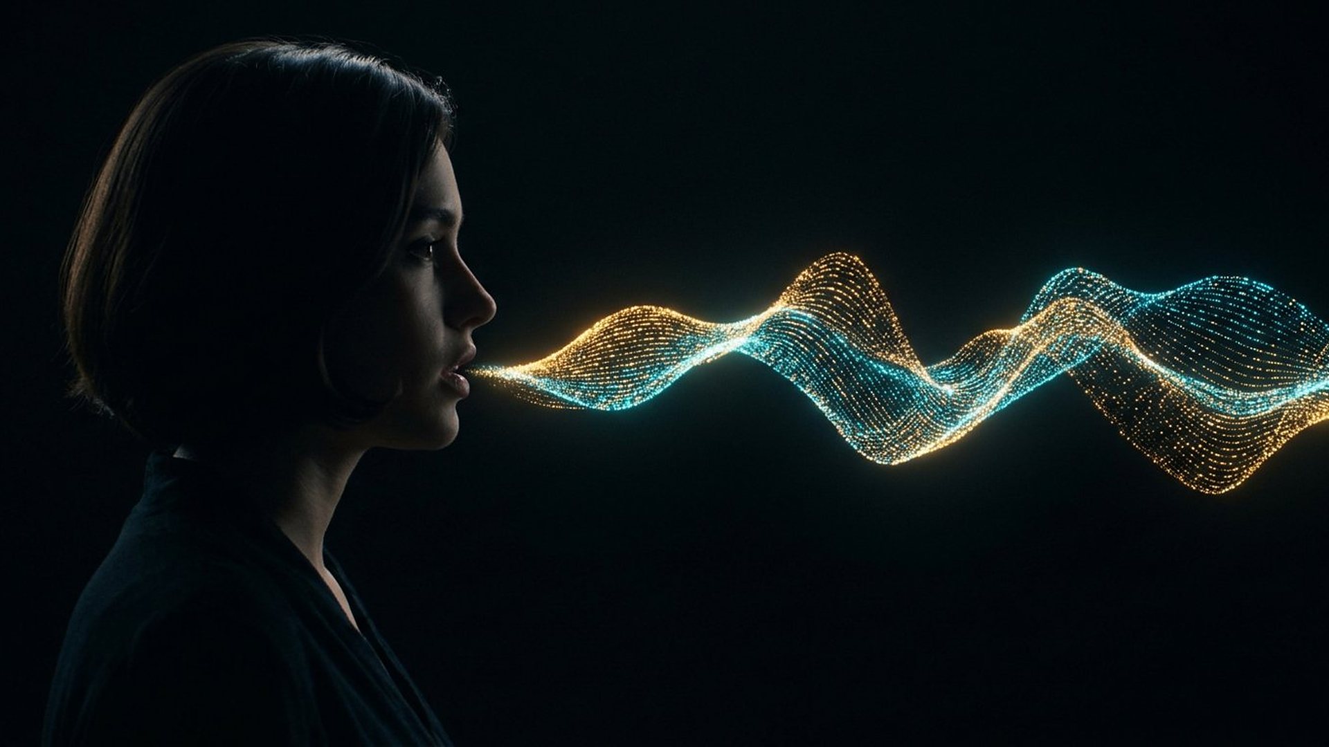Profil d'une femme dans la pénombre ; de sa bouche part une onde lumineuse turquoise et dorée.