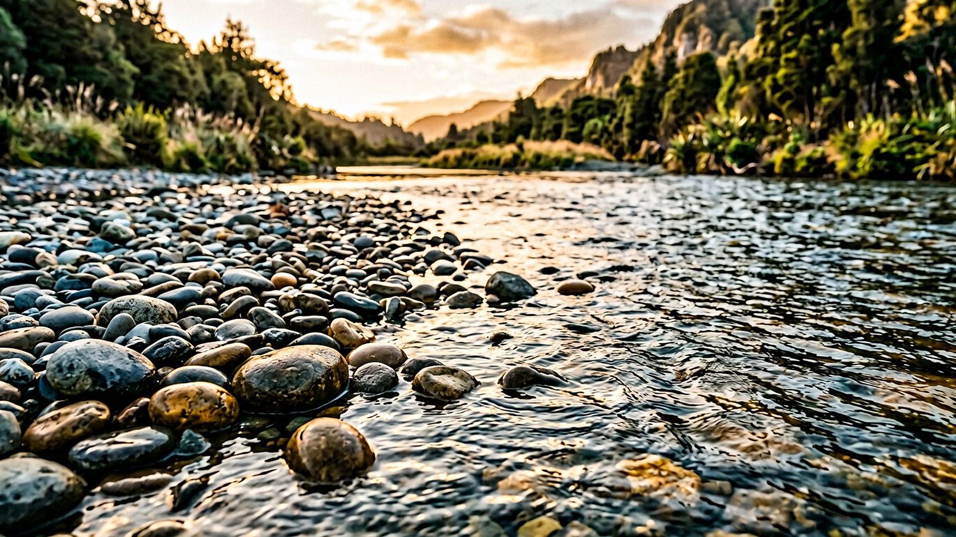 Une rivière claire coule sur des galets arrondis, au soleil couchant, entre des collines boisées.