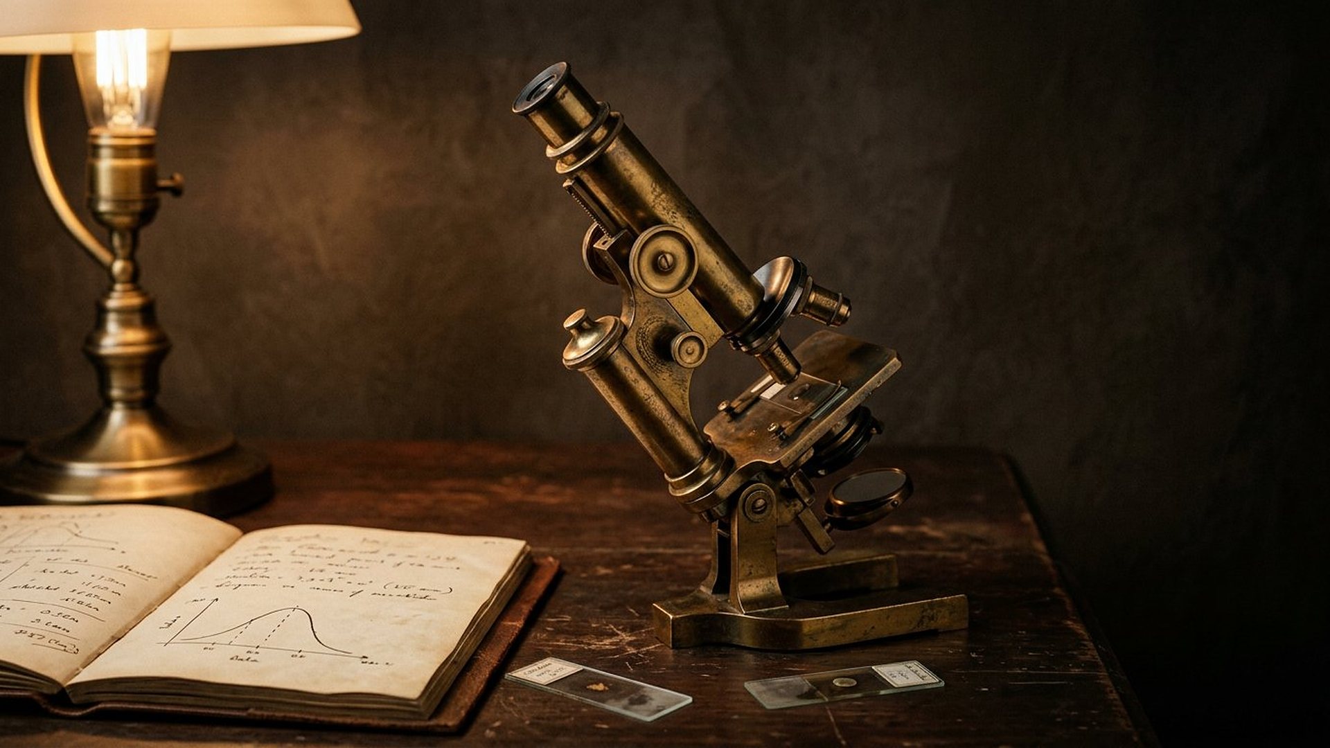Un microscope ancien en laiton sur une table, près d'une lampe et d'un carnet ouvert où est tracée une courbe en cloche.