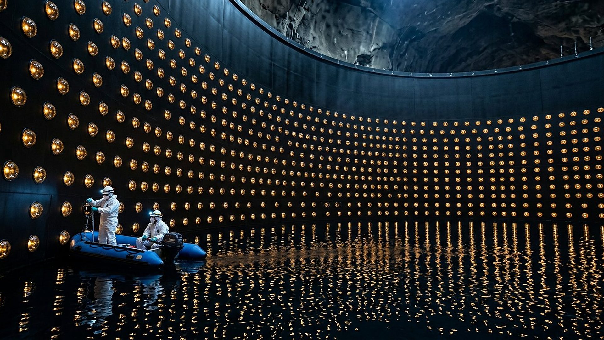 Deux techniciens en combinaison blanche, sur un canot pneumatique, inspectent une immense paroi couverte de capteurs dorés, au-dessus d'une eau sombre.