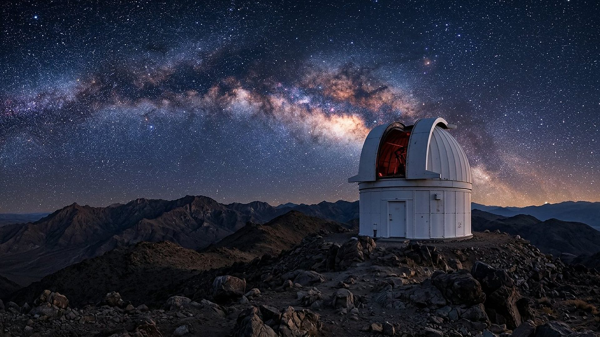 Un observatoire à coupole blanche, ouverte, sur un sommet rocheux, sous l'arche de la Voie lactée.