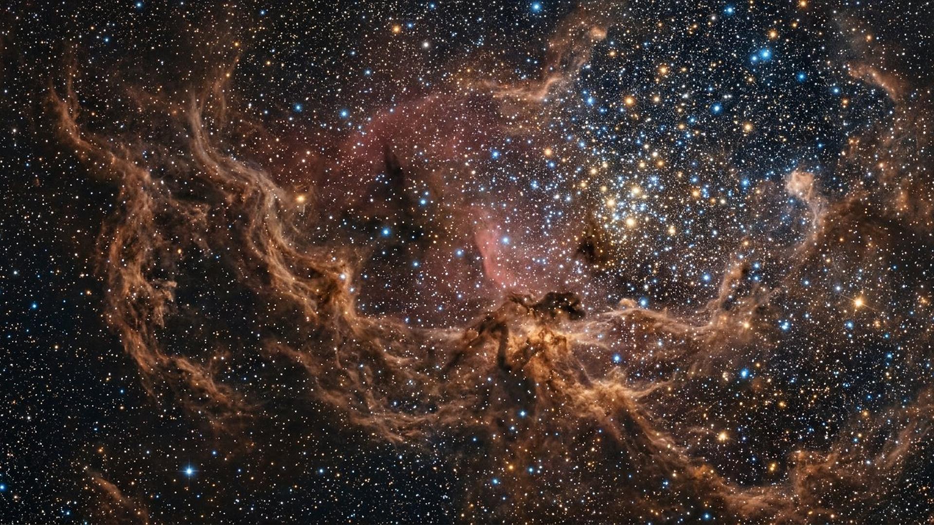 Un amas d'étoiles bleues et dorées au milieu de filaments de poussière cuivrée.