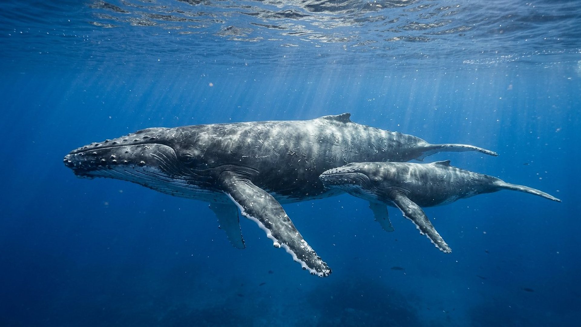 Une baleine à bosse nage dans l'eau bleue, accompagnée de son baleineau, sous les rayons du soleil.