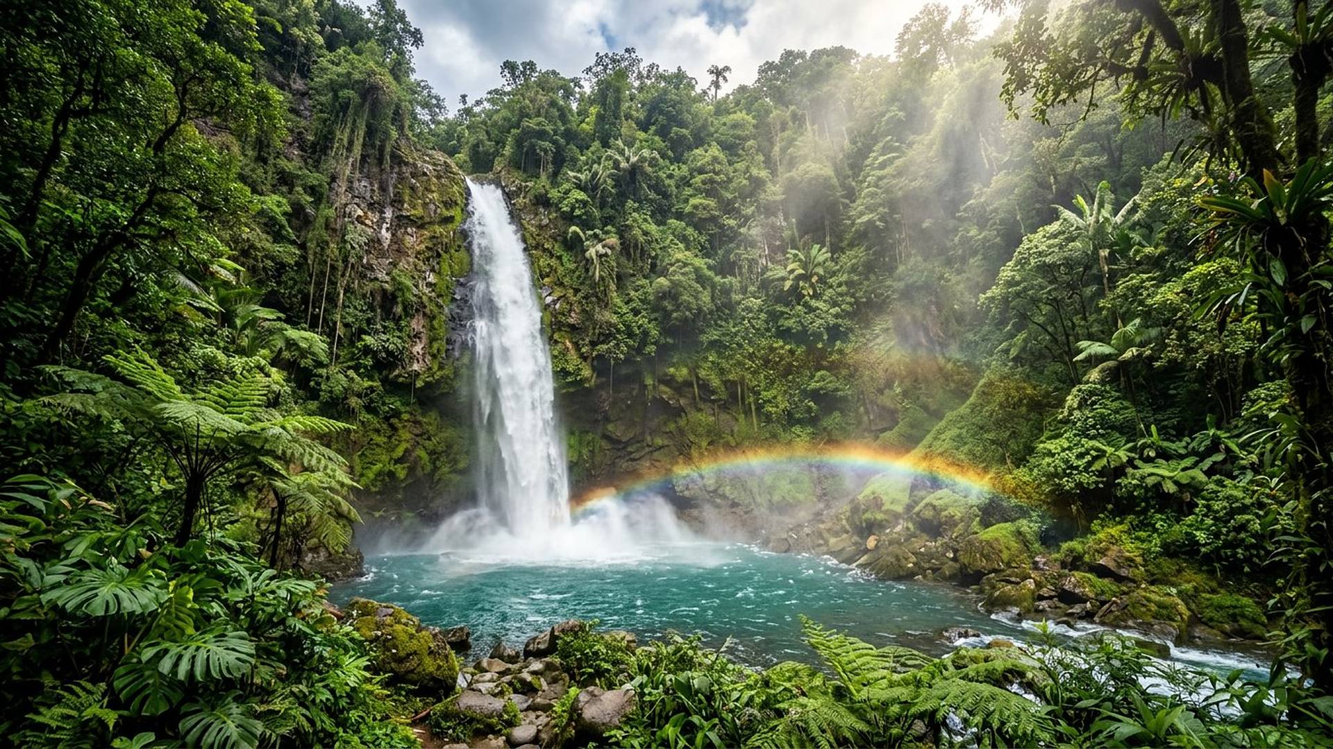 Une haute cascade tombe dans un bassin turquoise au cœur d'une forêt tropicale ; un arc-en-ciel traverse la brume.