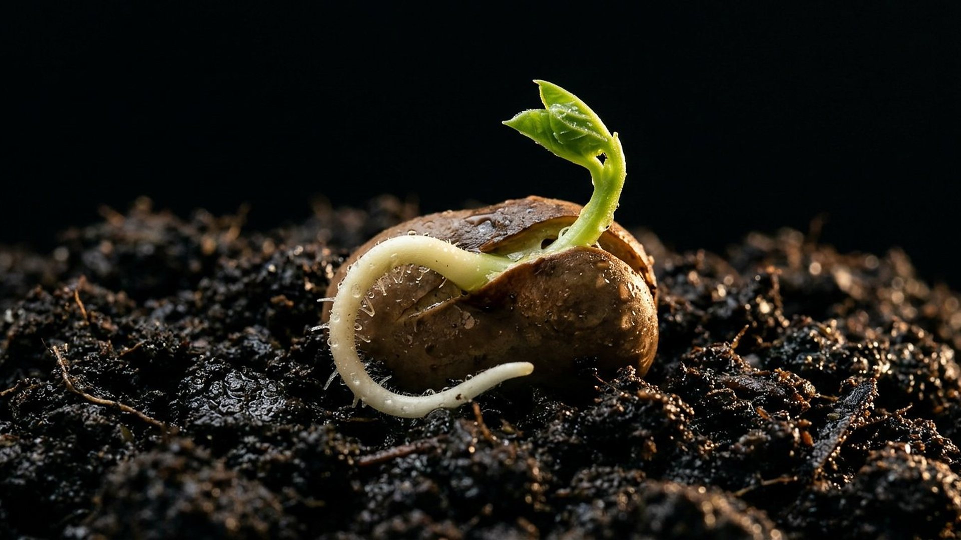 Une graine posée sur un terreau sombre s'ouvre : une racine pâle descend, deux premières feuilles se déplient.