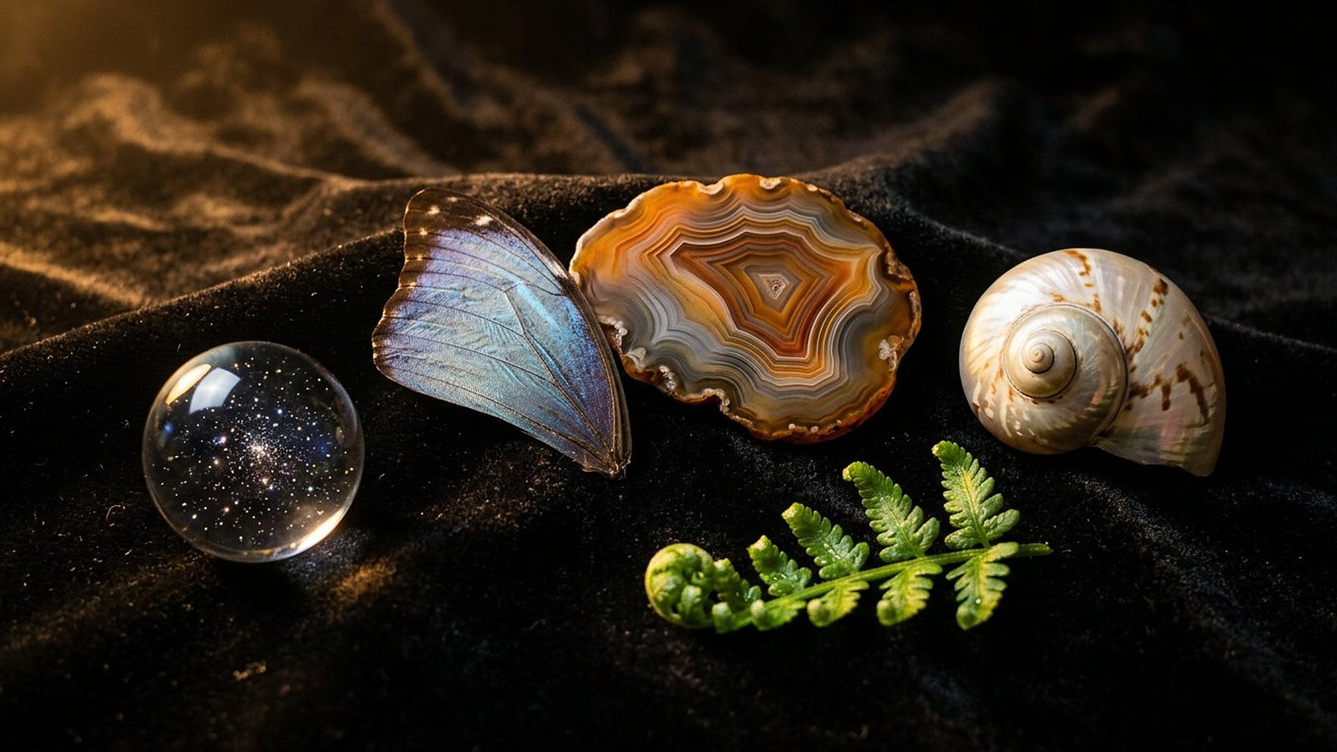 Sur un velours noir : une sphère de cristal, une aile de papillon bleue, une tranche d'agate, un coquillage nacré et une jeune fronde de fougère enroulée.