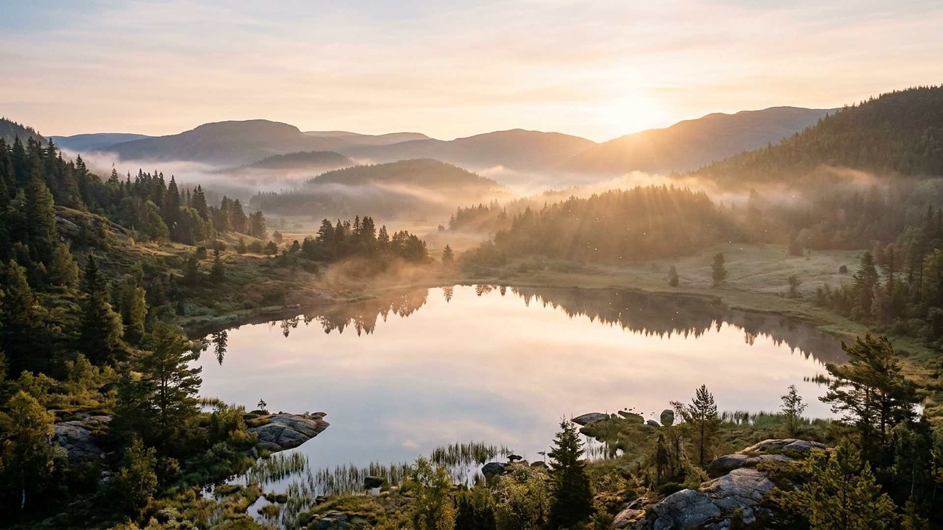 Vallée montagneuse à la première lumière.